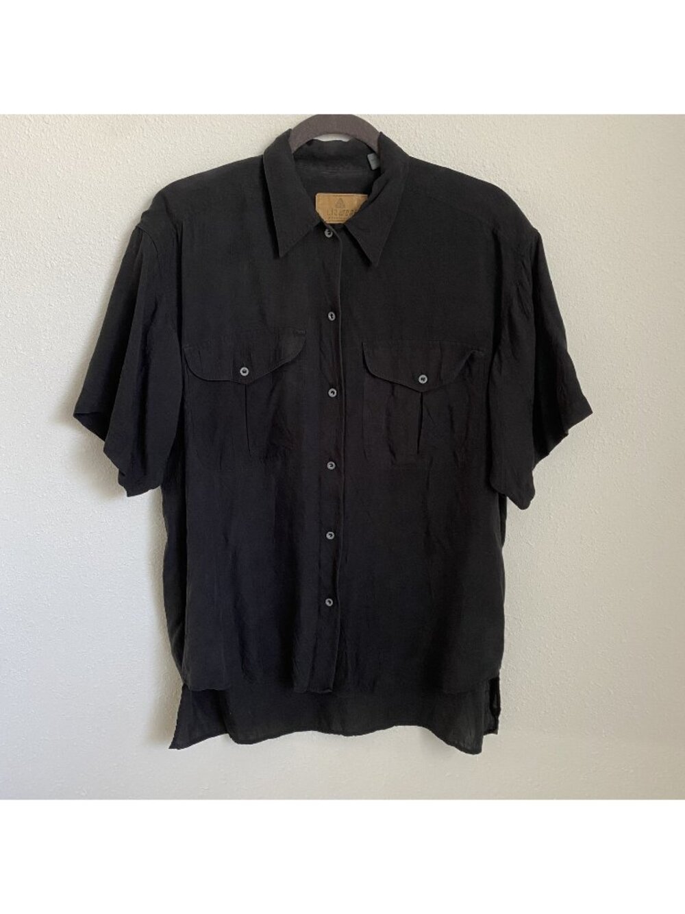 Liz Wear Womens Black Rayon Top Medium Relaxed Button Up Distressed Shirt